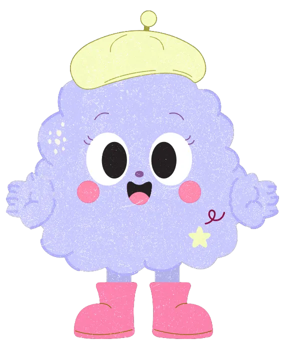 Pippa, una nube lila con boina amarilla y botas rosadas